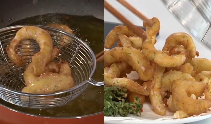 Step 3 Fry the vegetables and squid Crispy fried squid with orange sauce