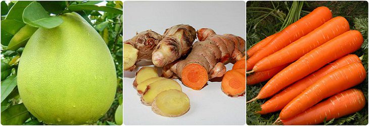 Ingredients for grapefruit juice with mixed vegetables and fruits
