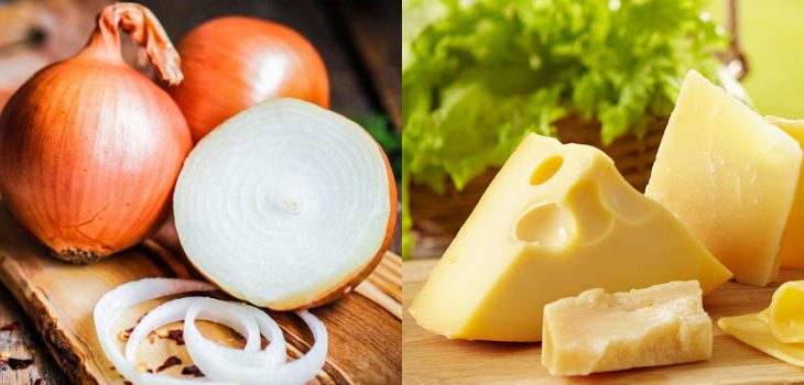 Ingredients for the two ways to make crispy cheese onion rings and spicy crispy onion rings