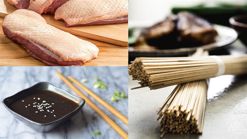Ingredients for soba noodle duck and soba noodle chicken thigh mushroom dish
