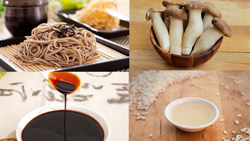 Ingredients for duck soba noodles and chicken thigh mushroom soba