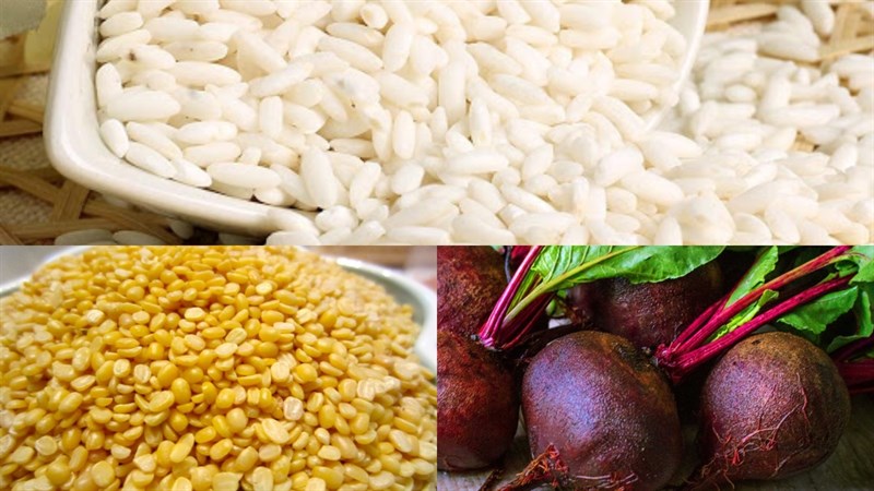 Ingredients for beetroot sticky rice with mung bean filling