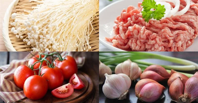 Ingredients for stir-fried enoki mushrooms with minced meat and tomatoes