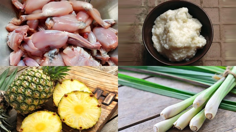 Ingredients for frog hotpot with giang leaves and frog hotpot with rice me