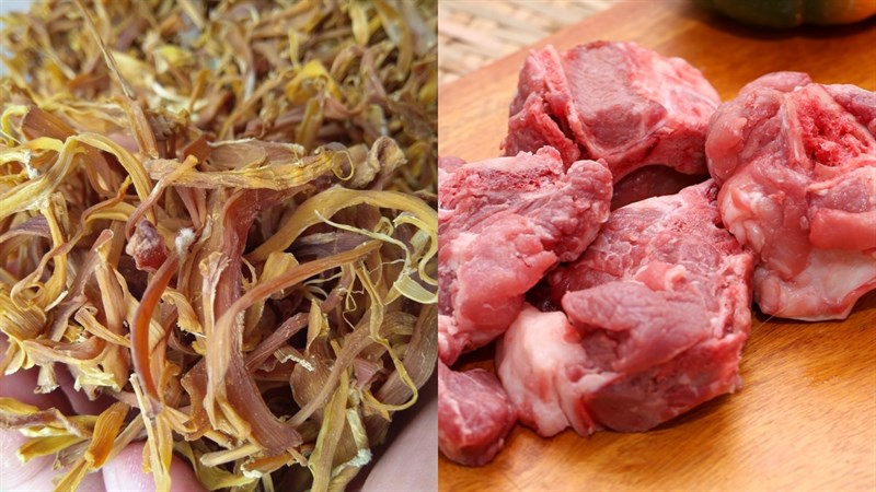 Ingredients for the dish of dried bamboo shoots and pork bones cooked in a pressure cooker