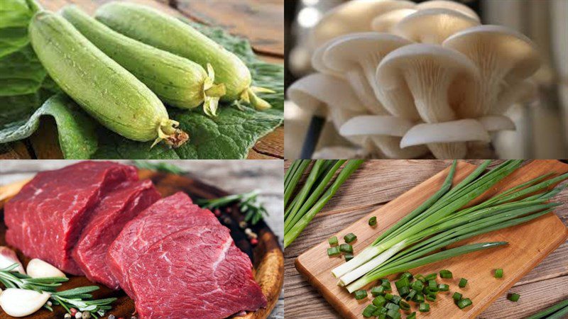 Ingredients for beef and oyster mushroom loofah soup