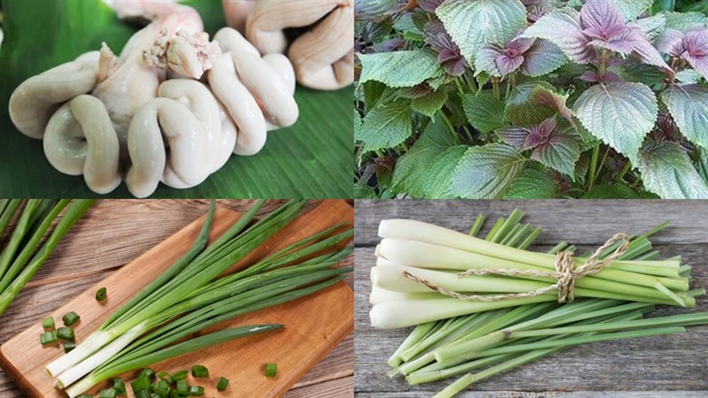 Ingredients for steamed pork intestines with ginger and Vietnamese perilla