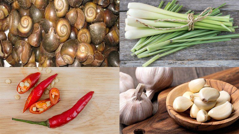 Ingredients for the dish steamed snails with lemongrass served with spicy fish sauce and milk fish sauce