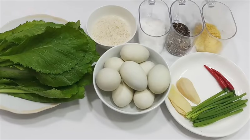 Ingredients for duck egg congee with green beans, duck egg congee with mustard greens
