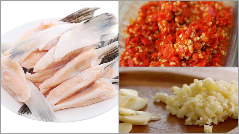 Ingredients for dish 2 methods of making fried salmon fins with tamarind fish sauce and garlic chili