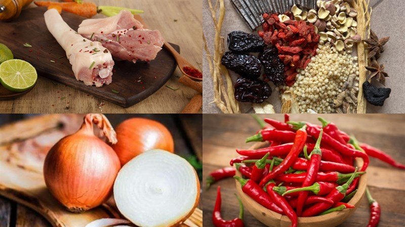 Ingredients for the dish of pig tail stew with herbal medicine