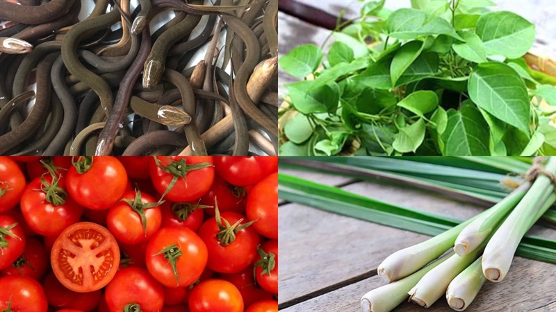 Ingredients for eel hotpot with giang leaves