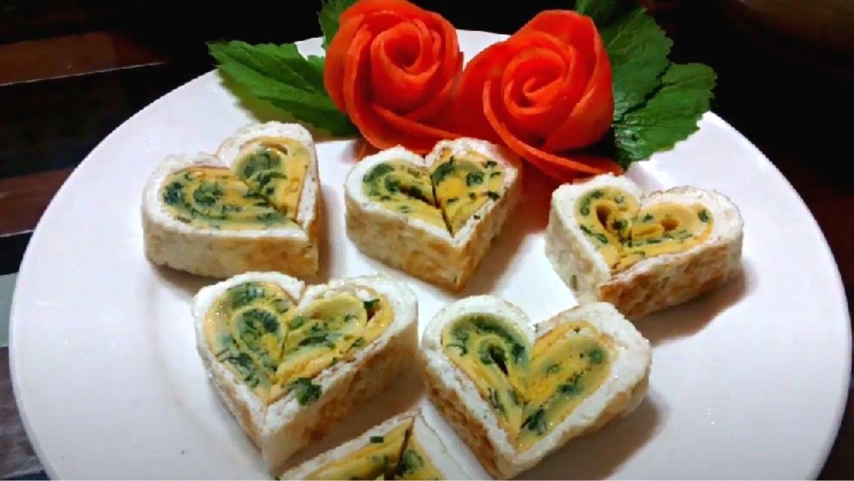 Heart-shaped omelet with green onions