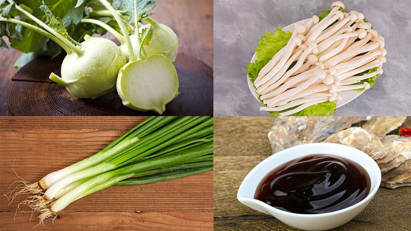 Ingredients for stir-fried kohlrabi with mushrooms