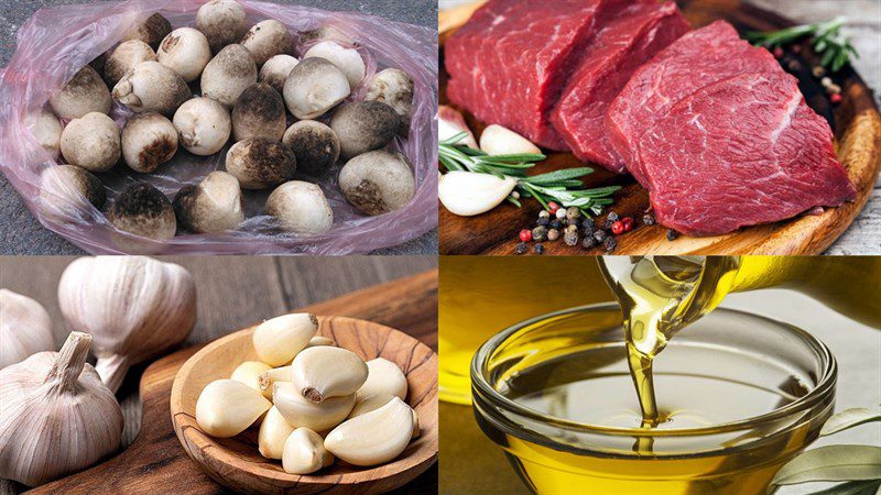 Ingredients for the dish of stir-fried straw mushrooms with beef