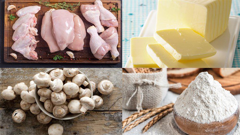 Ingredients for chicken soup with cream and mushrooms