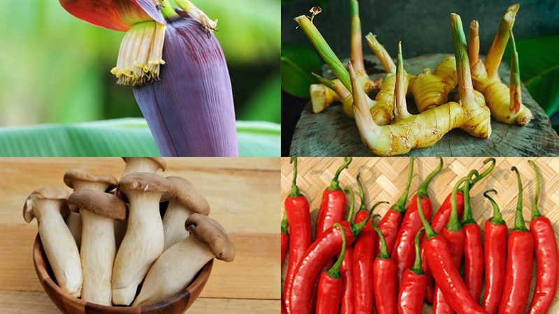 Ingredients for the dish banana flower cooked with pepper, tomato, and galangal
