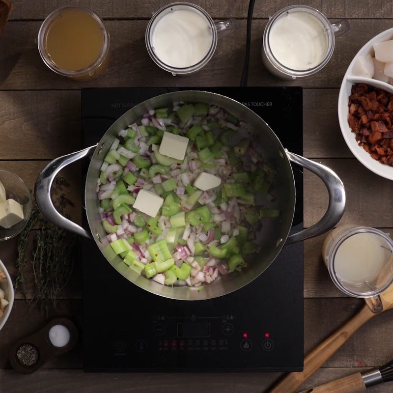 Step 3 Sauté ingredients Creamy scallop soup with potatoes