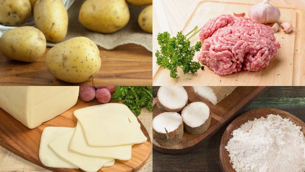 Ingredients for the dish potato cake with meat and cheese filling