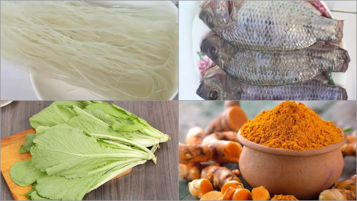 Ingredients for fish noodle dish with mustard greens