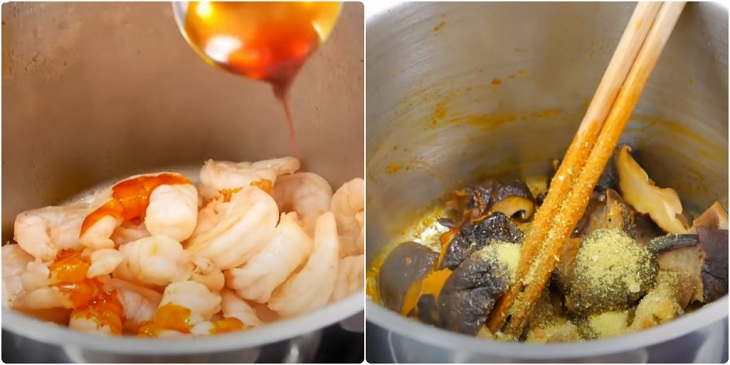 Step 4 Stir-fry shrimp and mushrooms for imitation crab noodle soup