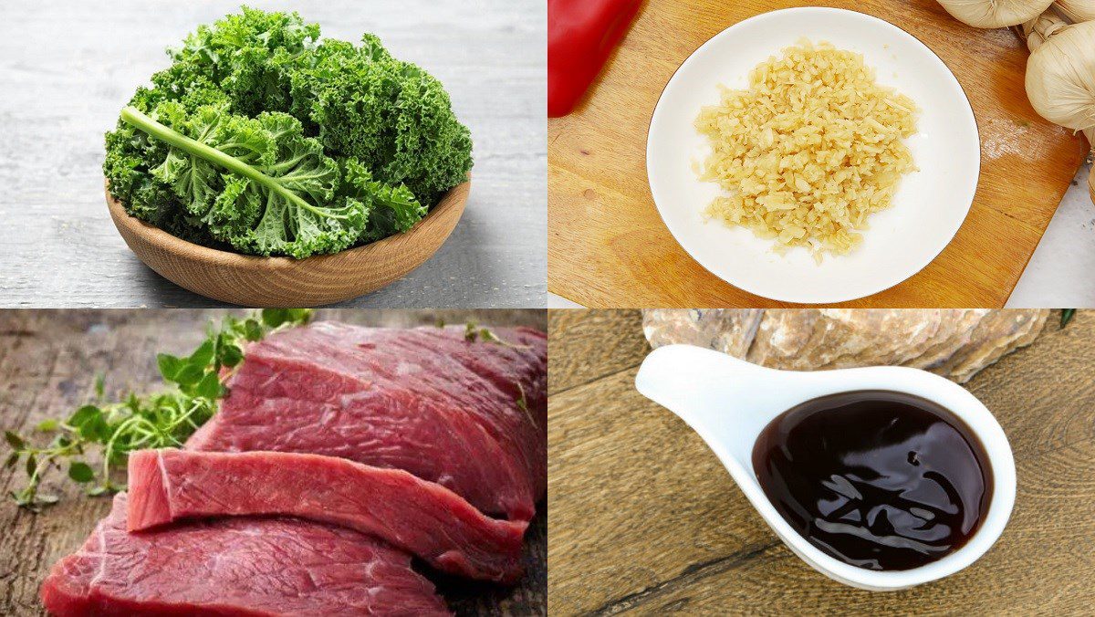Ingredients for the dish of stir-fried kale with beef