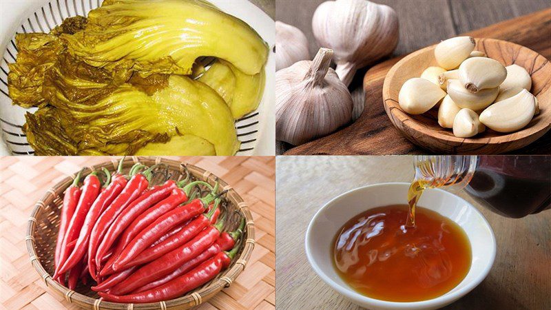 Ingredients for the dish of pickled mustard greens mixed with garlic and chili