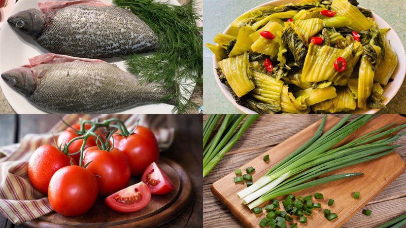 Ingredients for the dish of striped bass (sea bass) with pickled mustard greens
