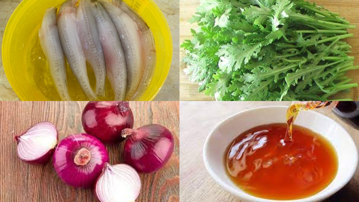 Ingredients for the dish of fish soup with water spinach