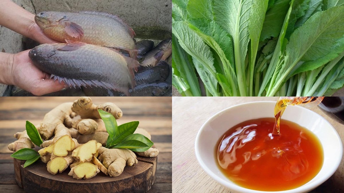 Ingredients for fish and water spinach soup