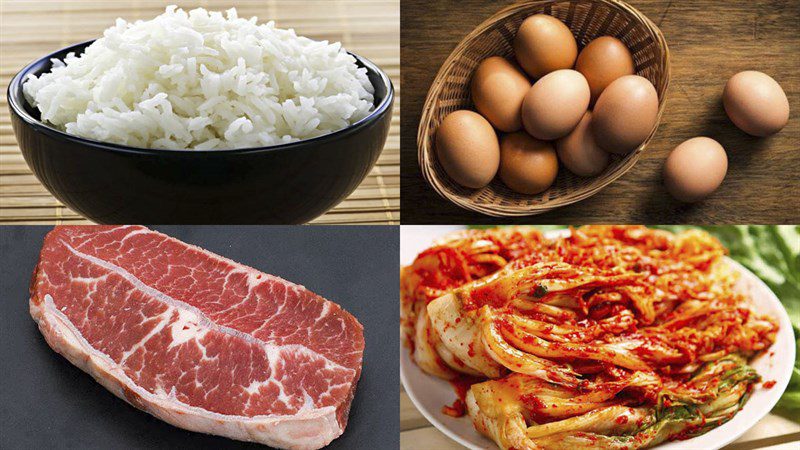 Ingredients for beef fried rice and kimchi with beef