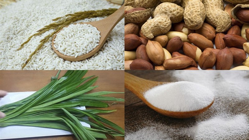 Ingredients for peanut sticky rice with pandan leaves and savory peanut sticky rice