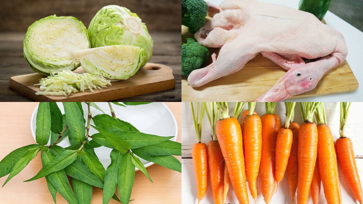 Ingredients for duck salad with rice paddy herb