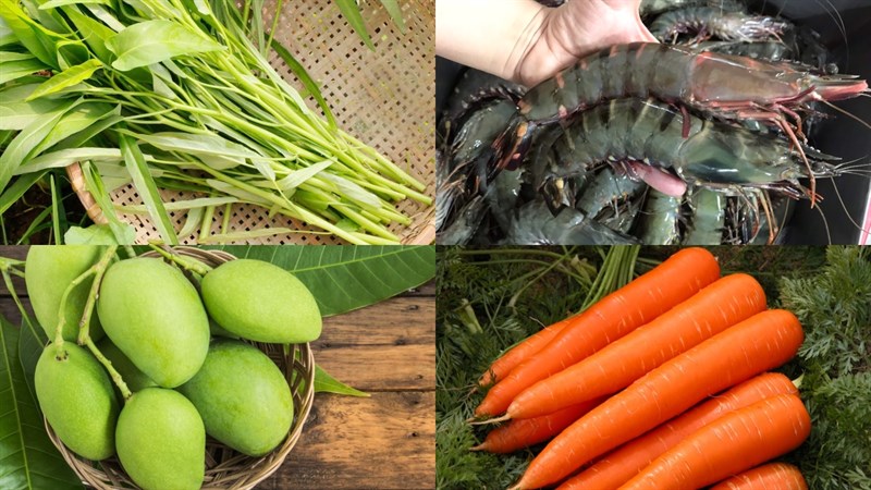 Ingredients for fried water spinach salad with seafood