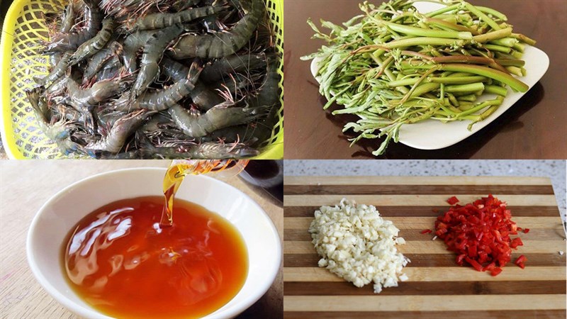 Ingredients for shrimp salad with water spinach