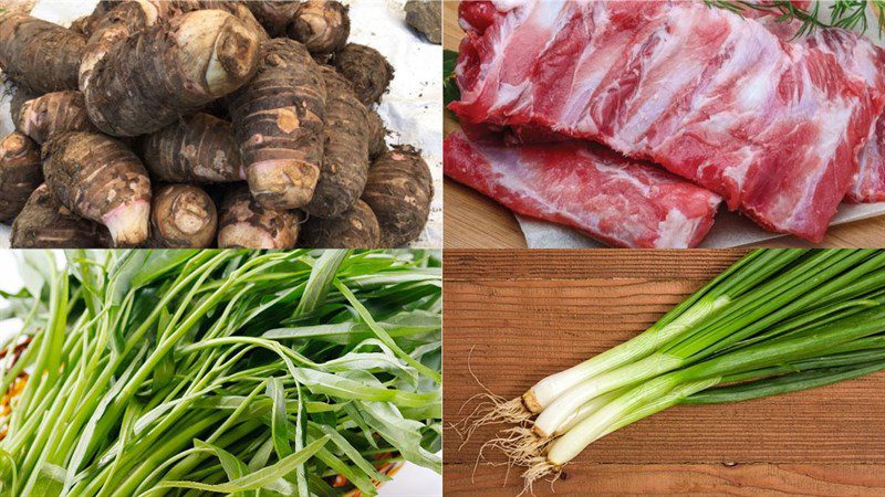 Ingredients for the dish of taro soup with water spinach