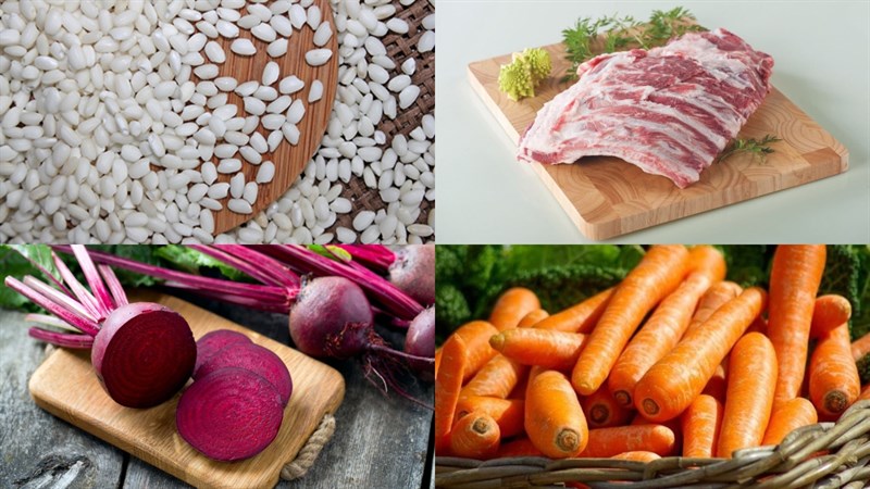 Ingredients for the dish of pork rib porridge with vegetables and mung beans
