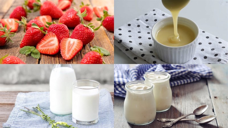 Ingredients for strawberry yogurt (yaourt dâu tây)