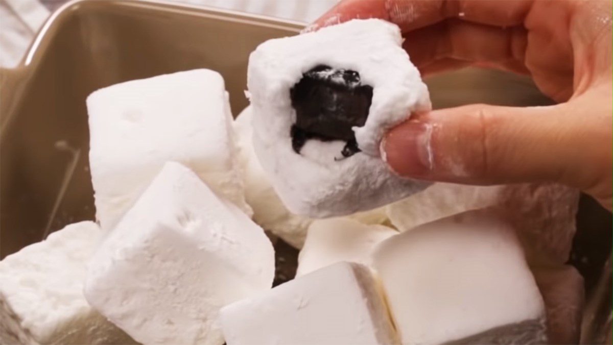 Marshmallow candy with chocolate filling