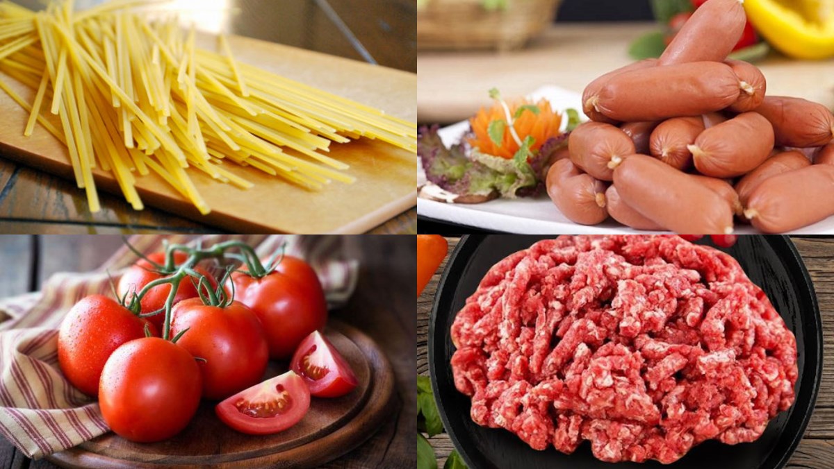 Ingredients for spaghetti sausage skewers