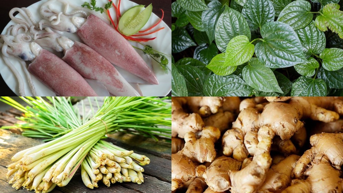 Ingredients for fried squid with betel leaves