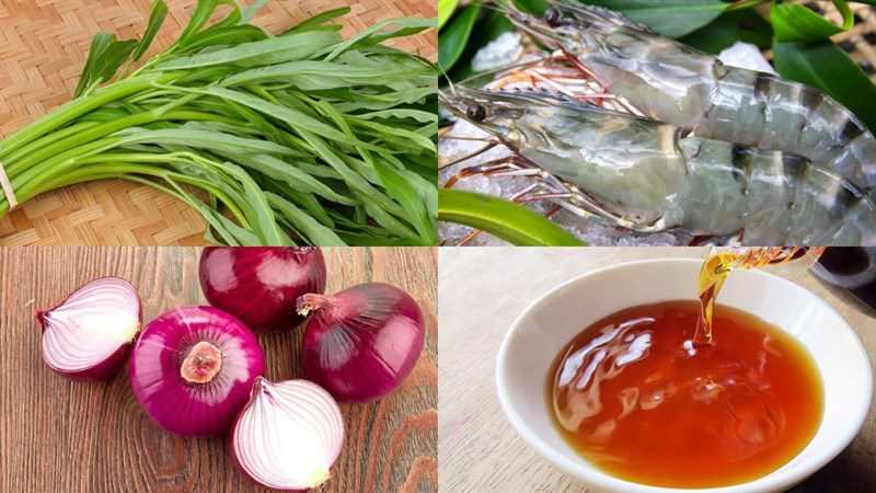 Ingredients for the dish of fresh shrimp water spinach soup, dried shrimp water spinach soup
