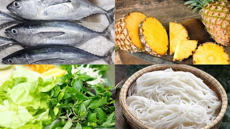 Ingredients for tuna stew with pineapple served with noodles