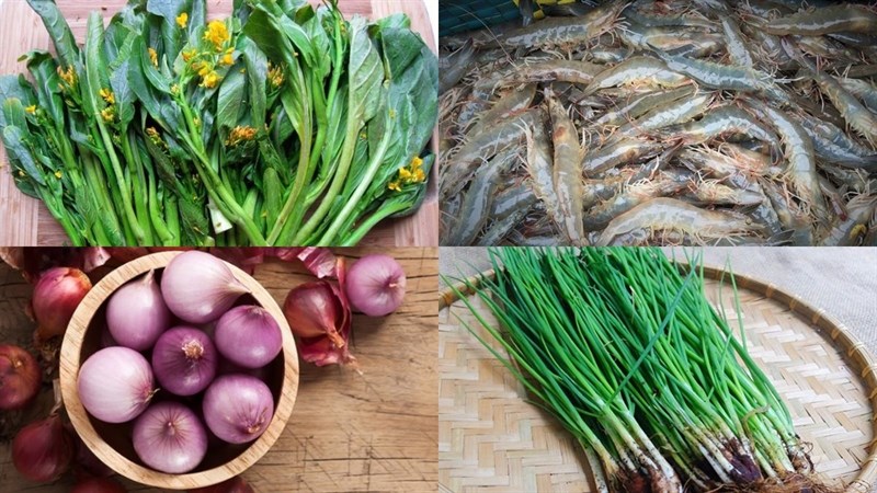 Ingredients for fresh shrimp and mustard greens soup, mustard greens cooked with dried shrimp