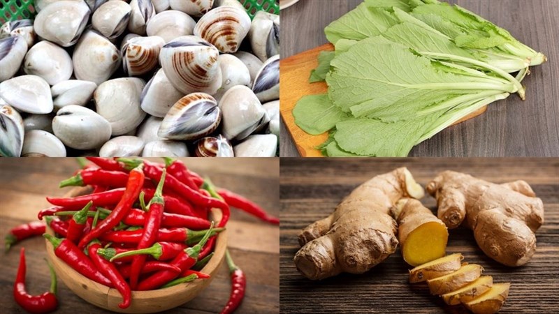 Ingredients for the dish of green mustard soup with clams
