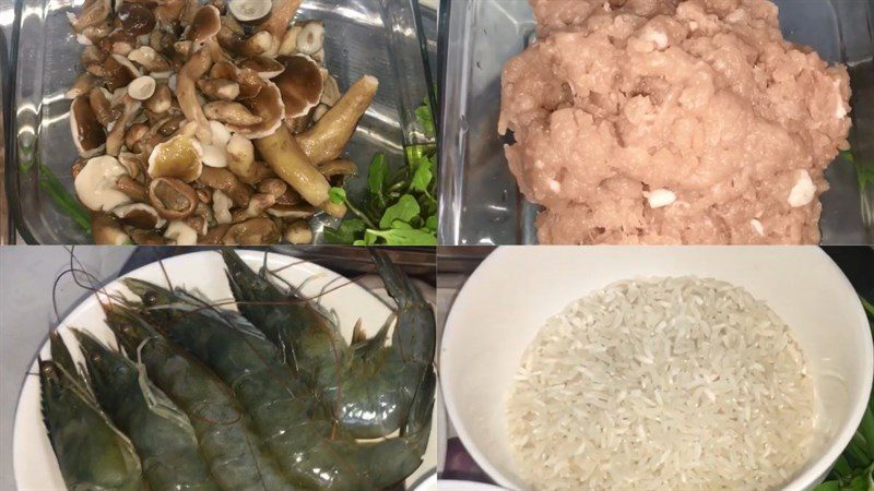 Ingredients for the dish of tràm mushroom and minced shrimp porridge