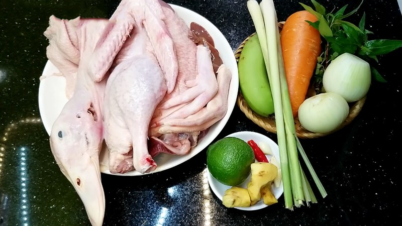 Ingredients for duck salad with rice paddy herb