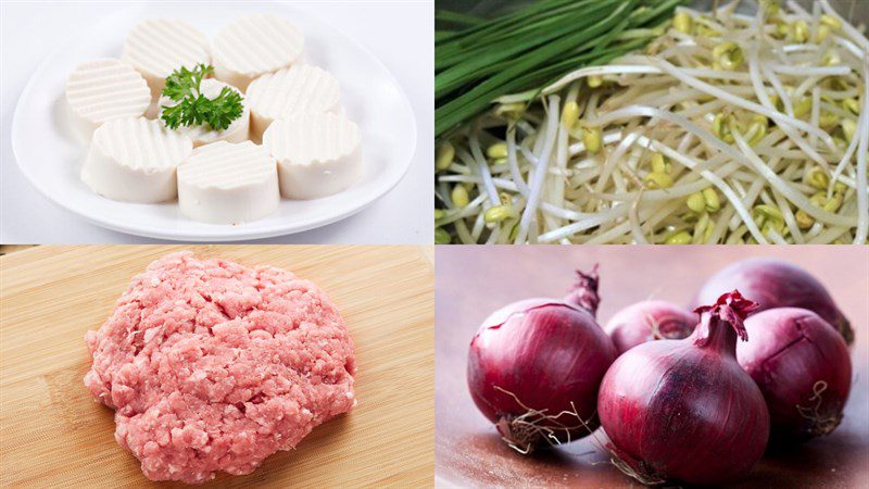 Ingredients for soft tofu soup with chives and minced meat