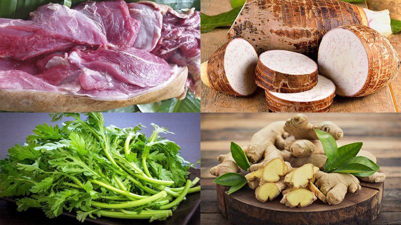 Ingredients for goat meat, taro, and chrysanthemum greens porridge