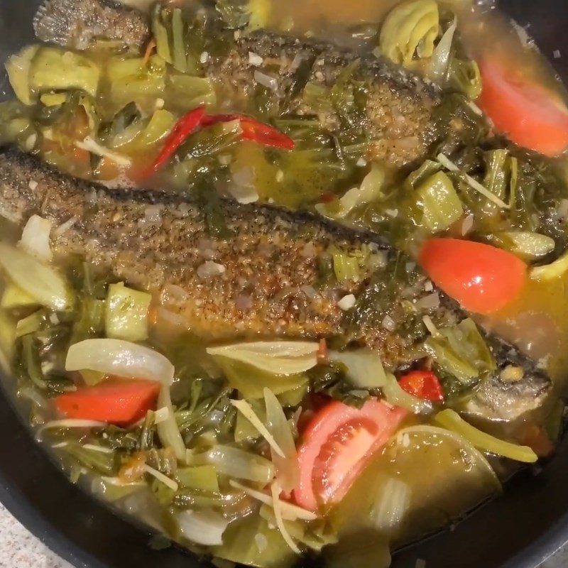 Step 5 Braised fish with pickled vegetables Barramundi (striped bass) braised with pickled vegetables